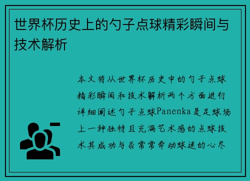 世界杯历史上的勺子点球精彩瞬间与技术解析